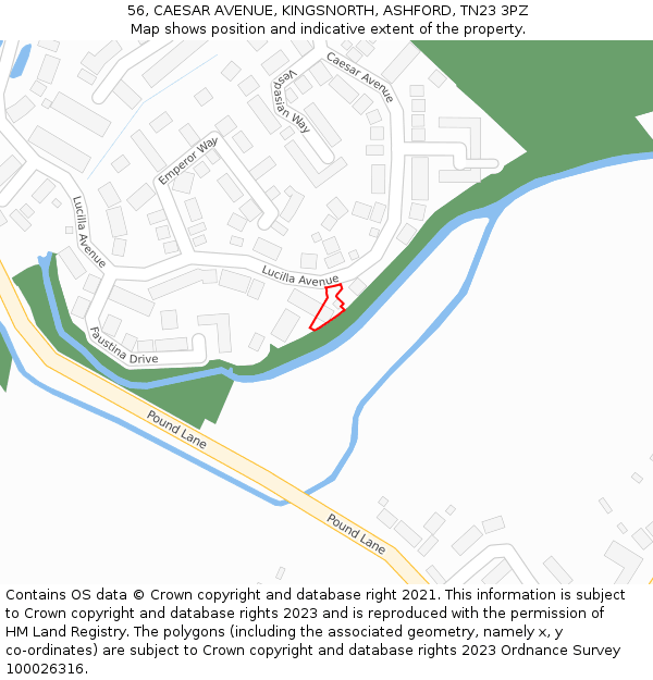 56, CAESAR AVENUE, KINGSNORTH, ASHFORD, TN23 3PZ: Location map and indicative extent of plot