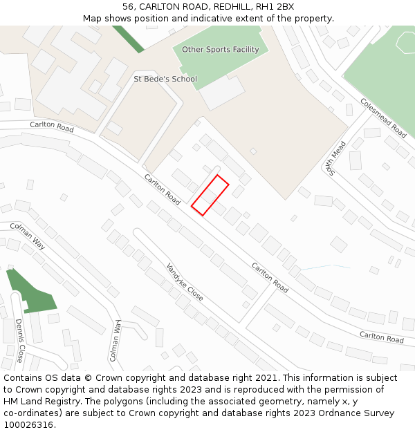 56, CARLTON ROAD, REDHILL, RH1 2BX: Location map and indicative extent of plot