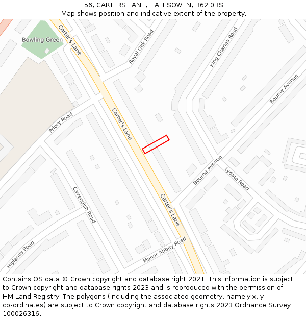 56, CARTERS LANE, HALESOWEN, B62 0BS: Location map and indicative extent of plot