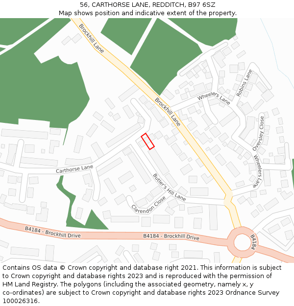 56, CARTHORSE LANE, REDDITCH, B97 6SZ: Location map and indicative extent of plot