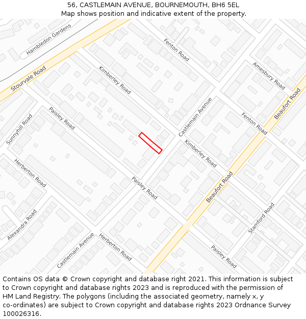 56, CASTLEMAIN AVENUE, BOURNEMOUTH, BH6 5EL: Location map and indicative extent of plot