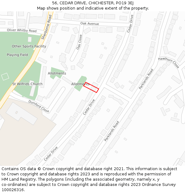56, CEDAR DRIVE, CHICHESTER, PO19 3EJ: Location map and indicative extent of plot