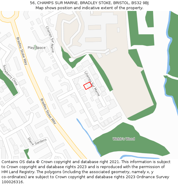 56, CHAMPS SUR MARNE, BRADLEY STOKE, BRISTOL, BS32 9BJ: Location map and indicative extent of plot