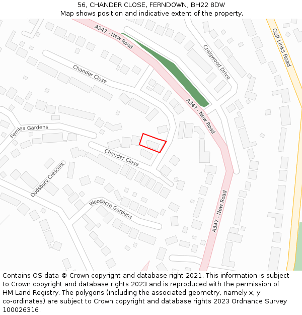 56, CHANDER CLOSE, FERNDOWN, BH22 8DW: Location map and indicative extent of plot