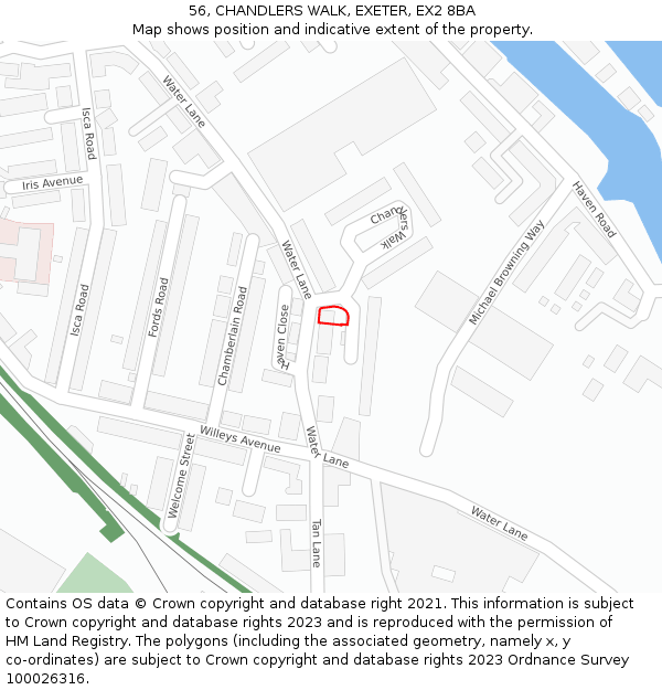 56, CHANDLERS WALK, EXETER, EX2 8BA: Location map and indicative extent of plot