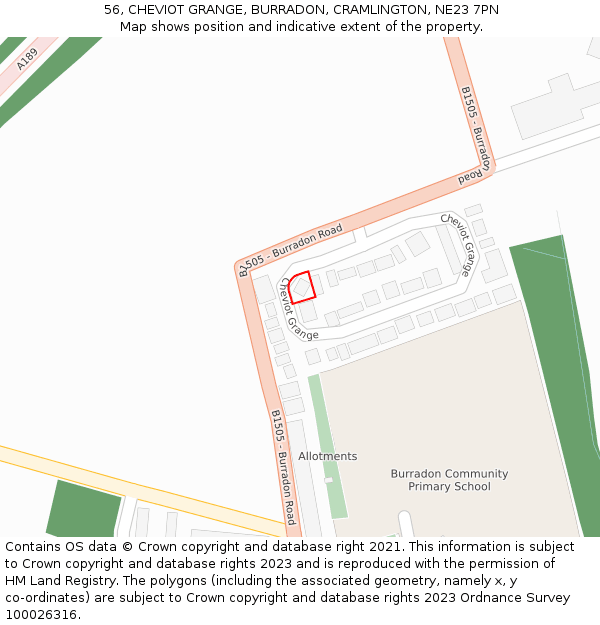 56, CHEVIOT GRANGE, BURRADON, CRAMLINGTON, NE23 7PN: Location map and indicative extent of plot