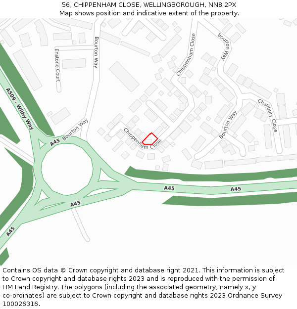 56, CHIPPENHAM CLOSE, WELLINGBOROUGH, NN8 2PX: Location map and indicative extent of plot