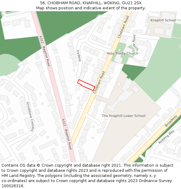 56, CHOBHAM ROAD, KNAPHILL, WOKING, GU21 2SX: Location map and indicative extent of plot