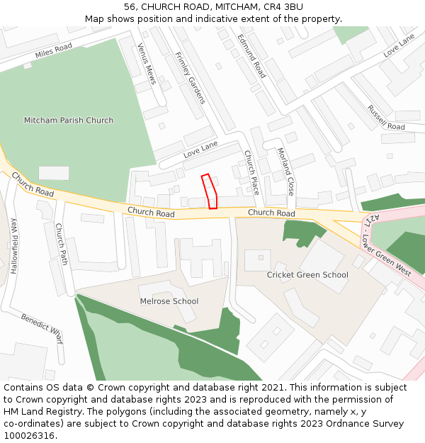 56, CHURCH ROAD, MITCHAM, CR4 3BU: Location map and indicative extent of plot