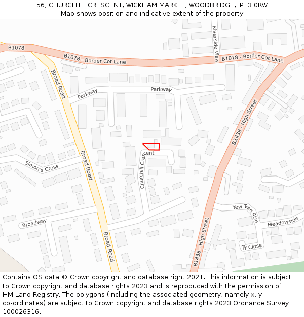 56, CHURCHILL CRESCENT, WICKHAM MARKET, WOODBRIDGE, IP13 0RW: Location map and indicative extent of plot