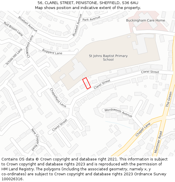 56, CLAREL STREET, PENISTONE, SHEFFIELD, S36 6AU: Location map and indicative extent of plot