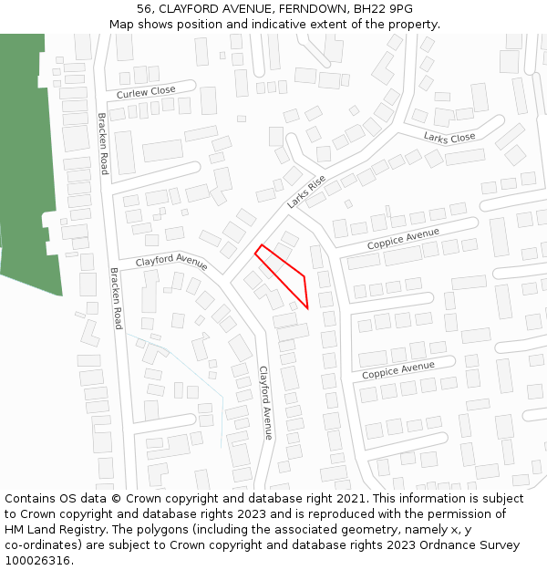 56, CLAYFORD AVENUE, FERNDOWN, BH22 9PG: Location map and indicative extent of plot