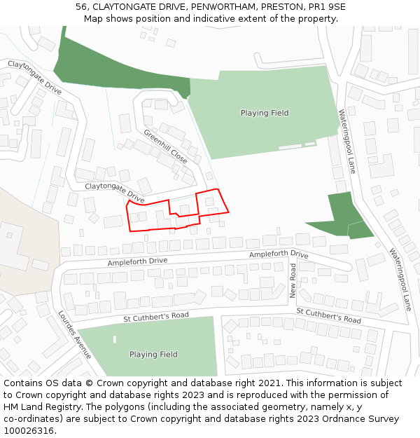 56, CLAYTONGATE DRIVE, PENWORTHAM, PRESTON, PR1 9SE: Location map and indicative extent of plot