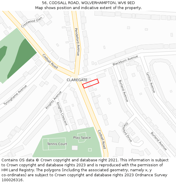 56, CODSALL ROAD, WOLVERHAMPTON, WV6 9ED: Location map and indicative extent of plot