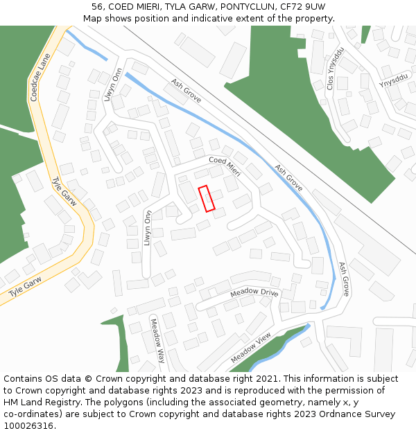 56, COED MIERI, TYLA GARW, PONTYCLUN, CF72 9UW: Location map and indicative extent of plot