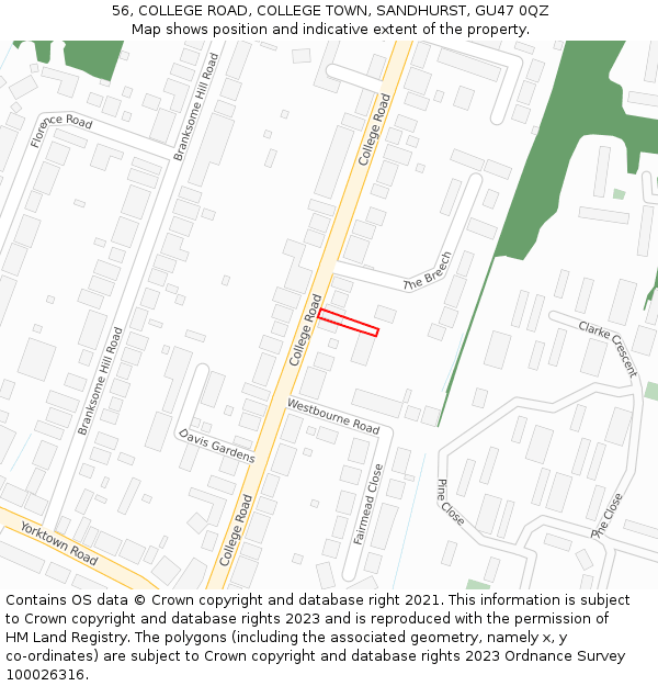 56, COLLEGE ROAD, COLLEGE TOWN, SANDHURST, GU47 0QZ: Location map and indicative extent of plot