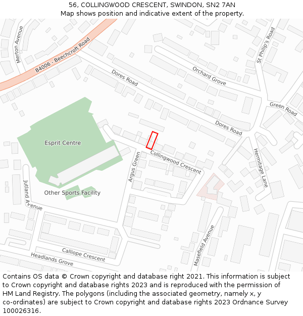 56, COLLINGWOOD CRESCENT, SWINDON, SN2 7AN: Location map and indicative extent of plot