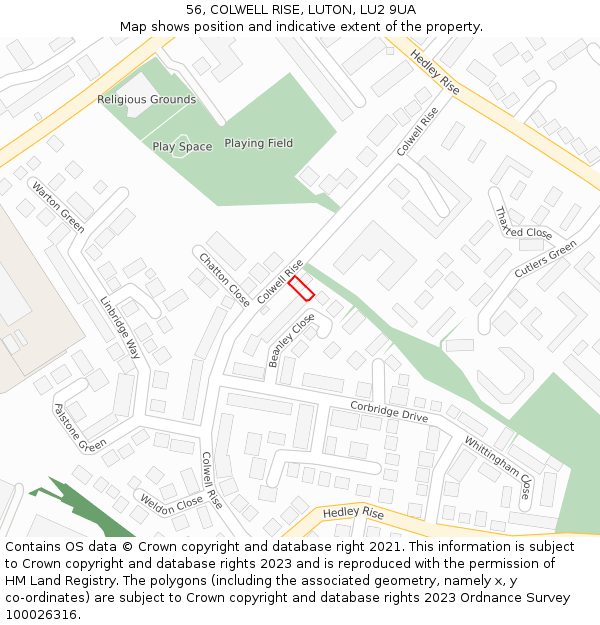 56, COLWELL RISE, LUTON, LU2 9UA: Location map and indicative extent of plot