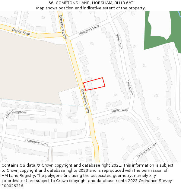 56, COMPTONS LANE, HORSHAM, RH13 6AT: Location map and indicative extent of plot