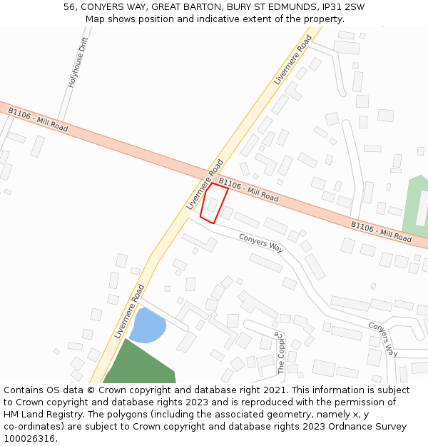 56, CONYERS WAY, GREAT BARTON, BURY ST EDMUNDS, IP31 2SW: Location map and indicative extent of plot