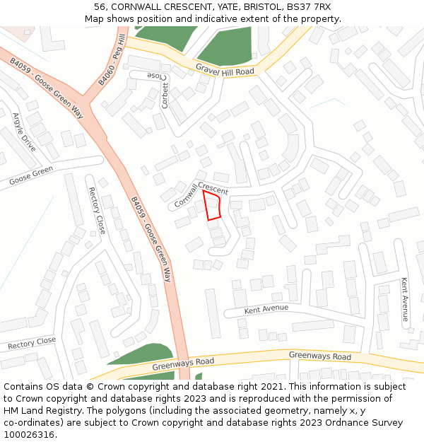 56, CORNWALL CRESCENT, YATE, BRISTOL, BS37 7RX: Location map and indicative extent of plot