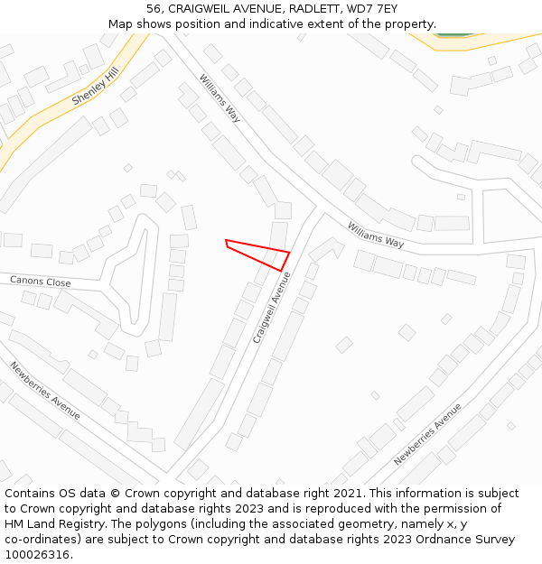 56, CRAIGWEIL AVENUE, RADLETT, WD7 7EY: Location map and indicative extent of plot