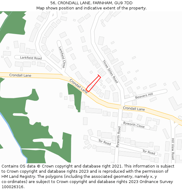 56, CRONDALL LANE, FARNHAM, GU9 7DD: Location map and indicative extent of plot