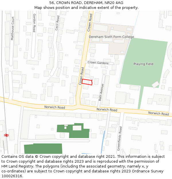 56, CROWN ROAD, DEREHAM, NR20 4AG: Location map and indicative extent of plot