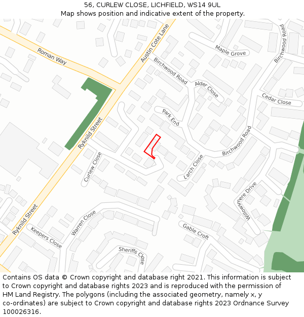 56, CURLEW CLOSE, LICHFIELD, WS14 9UL: Location map and indicative extent of plot