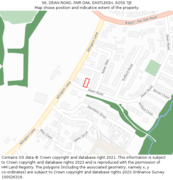 56, DEAN ROAD, FAIR OAK, EASTLEIGH, SO50 7JE: Location map and indicative extent of plot