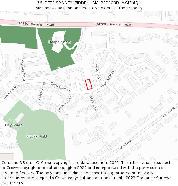 56, DEEP SPINNEY, BIDDENHAM, BEDFORD, MK40 4QH: Location map and indicative extent of plot