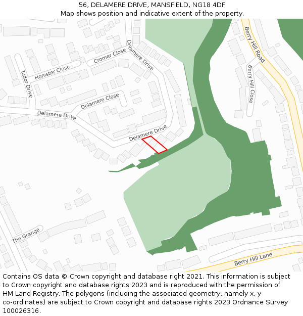 56, DELAMERE DRIVE, MANSFIELD, NG18 4DF: Location map and indicative extent of plot
