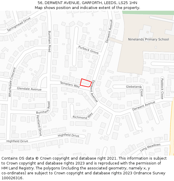 56, DERWENT AVENUE, GARFORTH, LEEDS, LS25 1HN: Location map and indicative extent of plot