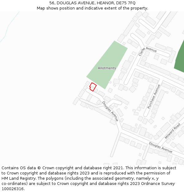 56, DOUGLAS AVENUE, HEANOR, DE75 7FQ: Location map and indicative extent of plot