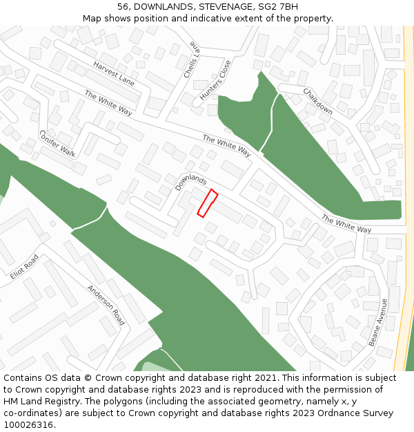 56, DOWNLANDS, STEVENAGE, SG2 7BH: Location map and indicative extent of plot