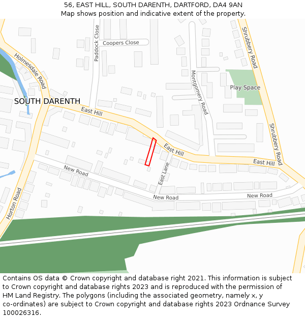 56, EAST HILL, SOUTH DARENTH, DARTFORD, DA4 9AN: Location map and indicative extent of plot