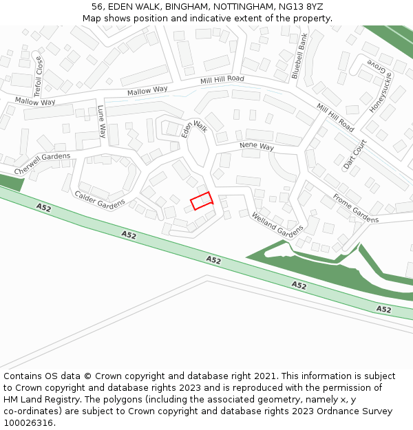 56, EDEN WALK, BINGHAM, NOTTINGHAM, NG13 8YZ: Location map and indicative extent of plot