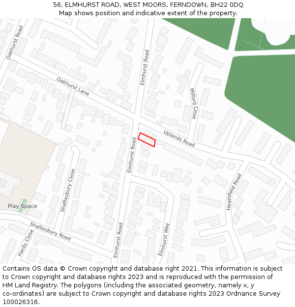 56, ELMHURST ROAD, WEST MOORS, FERNDOWN, BH22 0DQ: Location map and indicative extent of plot