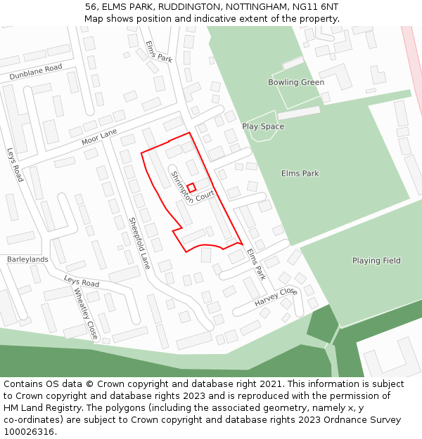 56, ELMS PARK, RUDDINGTON, NOTTINGHAM, NG11 6NT: Location map and indicative extent of plot