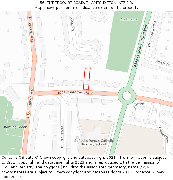 56, EMBERCOURT ROAD, THAMES DITTON, KT7 0LW: Location map and indicative extent of plot