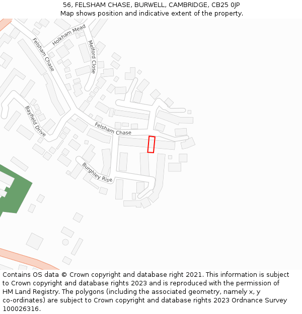 56, FELSHAM CHASE, BURWELL, CAMBRIDGE, CB25 0JP: Location map and indicative extent of plot