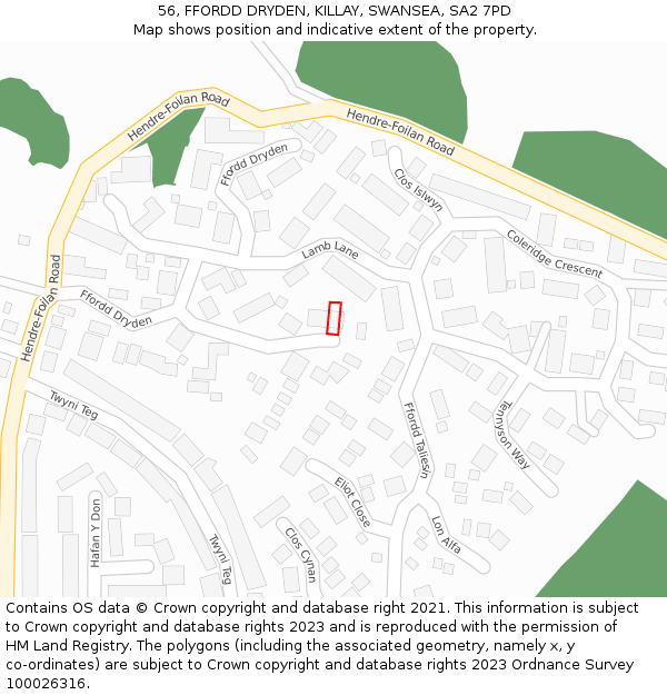 56, FFORDD DRYDEN, KILLAY, SWANSEA, SA2 7PD: Location map and indicative extent of plot