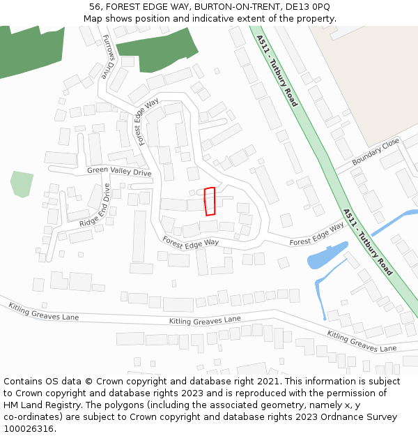 56, FOREST EDGE WAY, BURTON-ON-TRENT, DE13 0PQ: Location map and indicative extent of plot