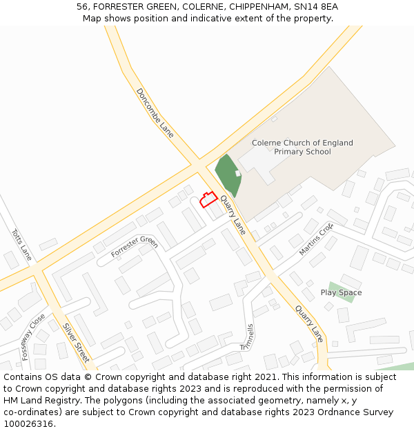 56, FORRESTER GREEN, COLERNE, CHIPPENHAM, SN14 8EA: Location map and indicative extent of plot