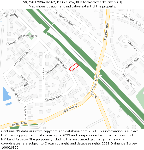 56, GALLOWAY ROAD, DRAKELOW, BURTON-ON-TRENT, DE15 9UJ: Location map and indicative extent of plot