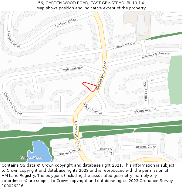 56, GARDEN WOOD ROAD, EAST GRINSTEAD, RH19 1JX: Location map and indicative extent of plot