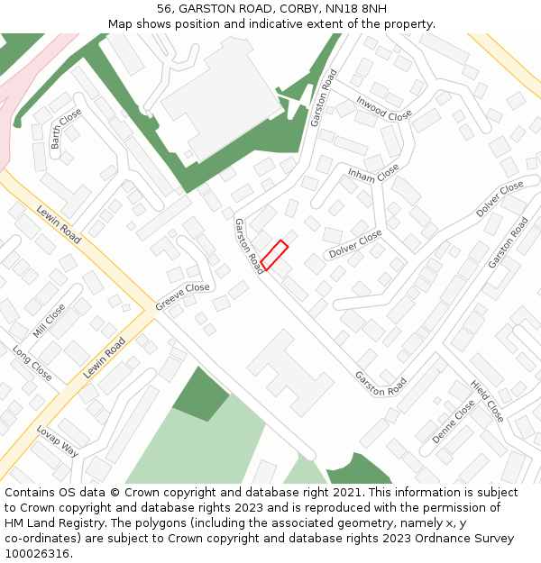 56, GARSTON ROAD, CORBY, NN18 8NH: Location map and indicative extent of plot