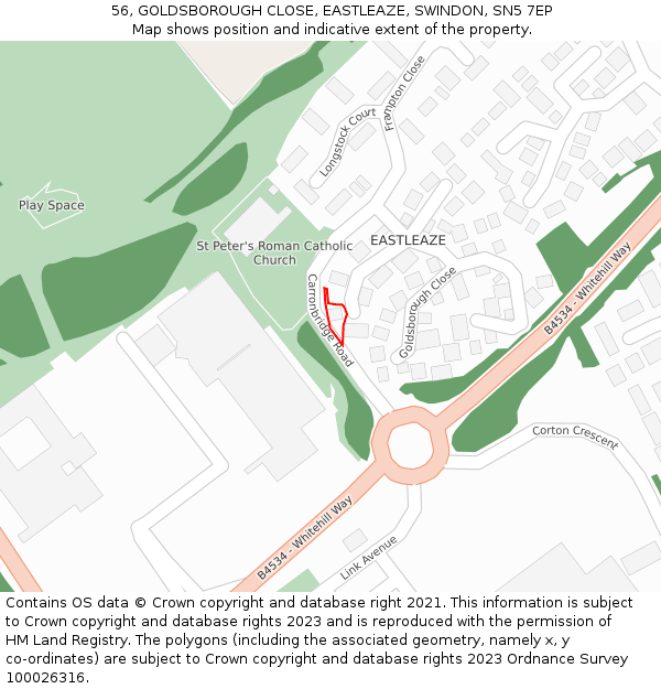 56, GOLDSBOROUGH CLOSE, EASTLEAZE, SWINDON, SN5 7EP: Location map and indicative extent of plot