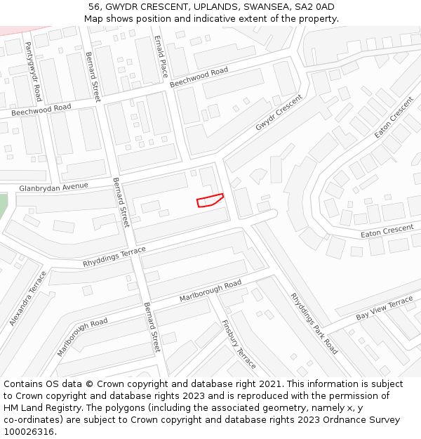 56, GWYDR CRESCENT, UPLANDS, SWANSEA, SA2 0AD: Location map and indicative extent of plot