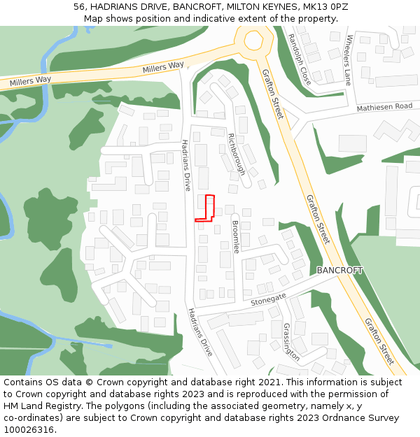 56, HADRIANS DRIVE, BANCROFT, MILTON KEYNES, MK13 0PZ: Location map and indicative extent of plot